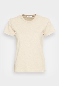 Beige tričko s krátkým rukávem vyrobené z měkké bavlněné tkaniny. Má kulatý výstřih a jednoduchý, nezdobený design.