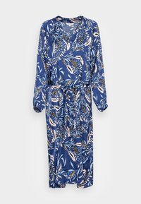 Blaues langärmliges Midikleid mit hellrosa und blauen Blumenmustern, V-Ausschnitt, elastischen Manschetten und einem passenden Stoffgürtel in der Taille.