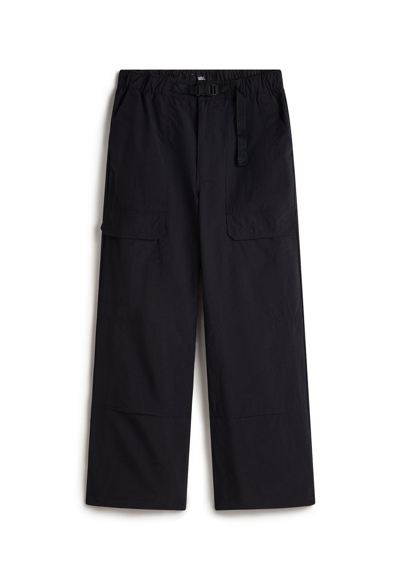 Pantalones cargo negros de corte relajado, con cinturilla elástica, cinturón ajustable y dos bolsillos laterales. Fabricados con un tejido ligero.
