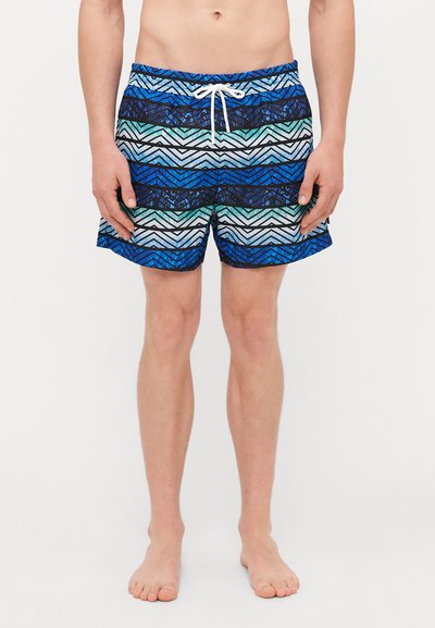 Shorts de bain bleu et blanc à motifs avec une taille élastique et un cordon de serrage. Présente des rayures horizontales et des motifs géométriques.