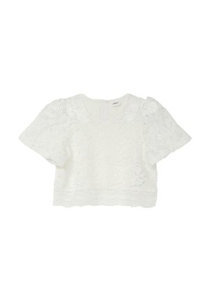 Weißes Spitzen-Crop-Top mit kurzen Ärmeln, gezacktem Saum und rundem Ausschnitt, mit Blumenmustern und einer Knopfverschluss am Rücken.