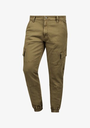 Ανδρικό ελιά cargo παντελόνι με πλαϊνές τσέπες με καπάκι, κουμπί μπροστά, φερμουάρ και ελαστικά μανσέτες στους αστραγάλους.