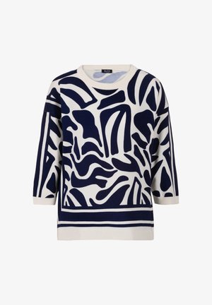 Weißer Pullover mit marineblauen abstrakten Formen und Dreiviertelärmeln, gerippter Ausschnitt, Bündchen und Saum, mit dem Label TUZZI.