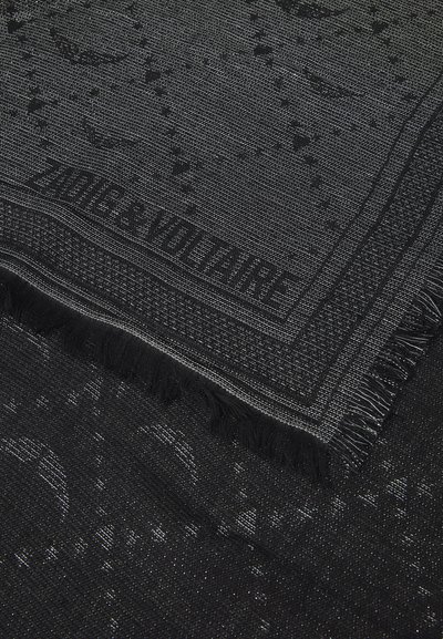 Black woven scarf featuring a textured design with subtle patterns, fringed edges, and embossed branding at the bottom.