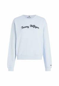 Felpa in cotone azzurro chiaro con collo a giro e maniche lunghe. Presenta il logo ricamato "Tommy Hilfiger" in blu scuro sul petto.