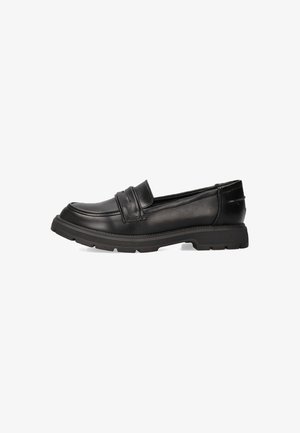 Mocasines de cuero negro con punta redonda, que cuentan con costuras y una suela de goma texturizada para mayor agarre y durabilidad.