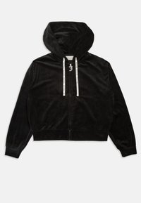 Moletom cropped preto feito de tecido suave e peludo. Apresenta fecho éclair à frente, cordões e mangas longas com punhos elásticos.