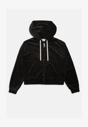 Moletom cropped preto feito de tecido suave e peludo. Apresenta fecho éclair à frente, cordões e mangas longas com punhos elásticos.