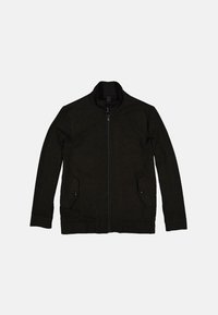 Black zip-up jacket with a high collar, two front pockets with buttons, made of a soft, textured fabric. Long sleeves, minimalist design.