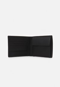 Black leather wallet with a textured finish, featuring multiple card slots, a coin pocket, and a compact, bi-fold design.