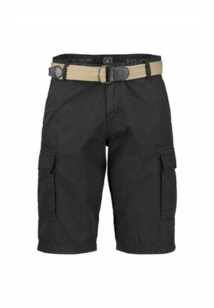 Sorte cargo shorts lavet af slidstærkt stof, med et vævet beige bælte, flere lommer og elastiske kantninger.