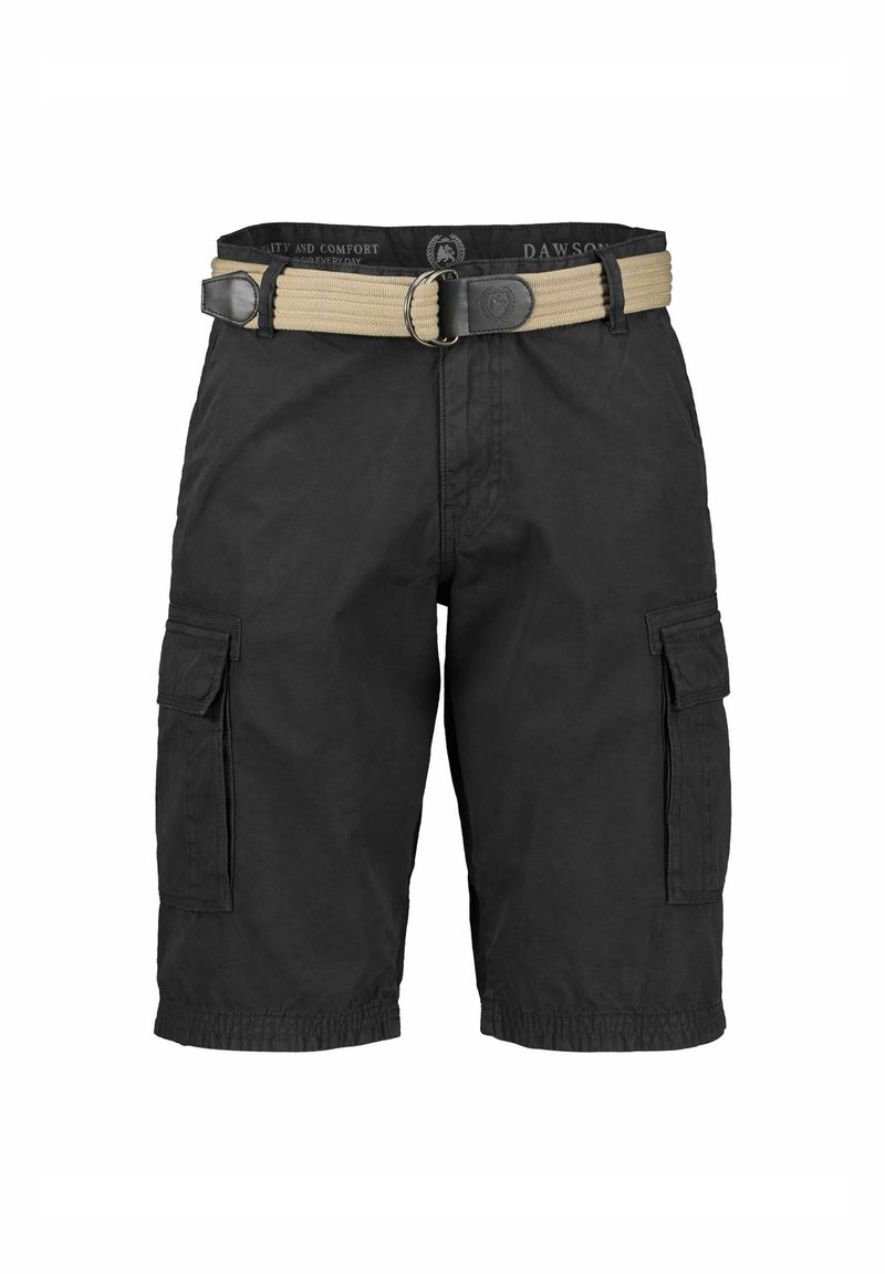 Schwarze Cargo-Shorts aus strapazierfähigem Material, ausgestattet mit einem gewebten beigen Gürtel, mehreren Taschen und elastischen Säumen.