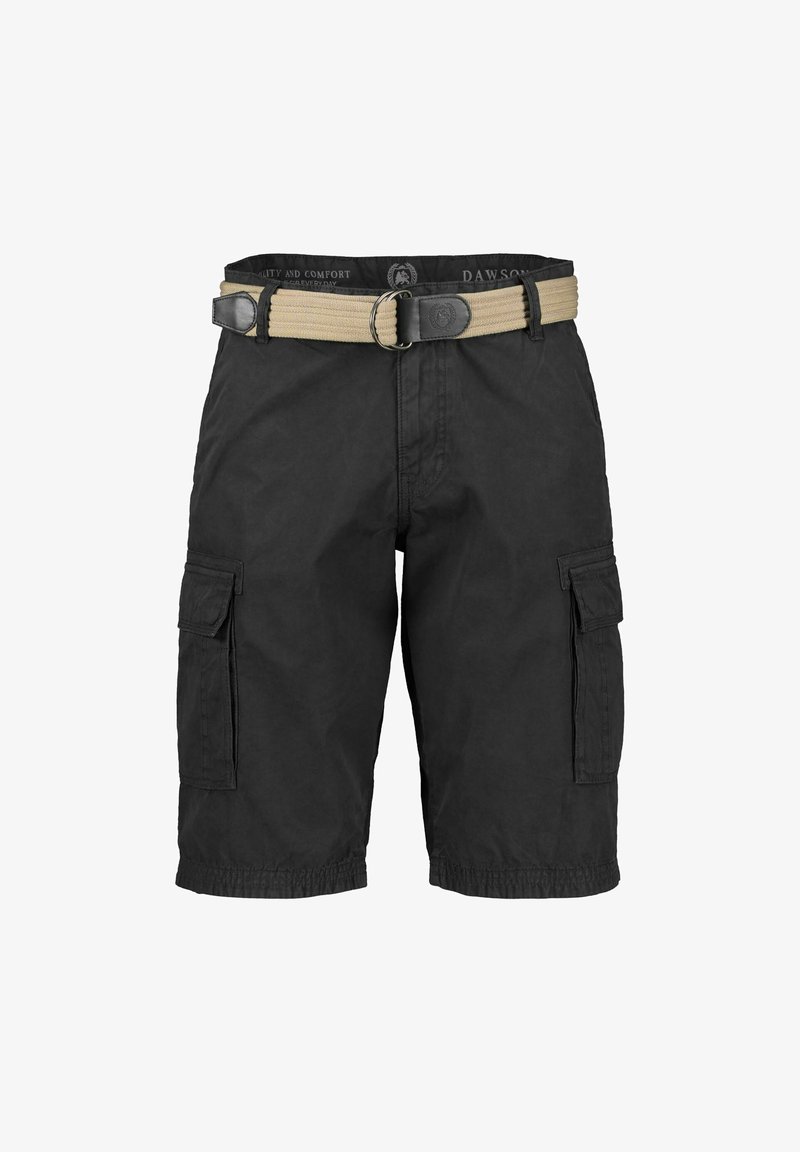 Schwarze Cargo-Shorts aus strapazierfähigem Material, ausgestattet mit einem gewebten beigen Gürtel, mehreren Taschen und elastischen Säumen.