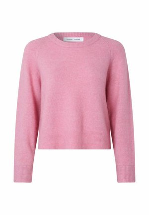 Lurvete rosa genser med rund hals, lange ermer og ribbet mansjetter og kant. Myk tekstur, kort design. Merke synlig inni halsen.