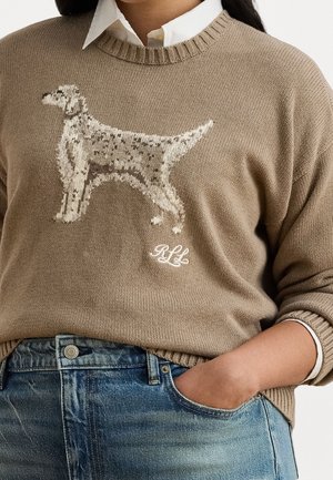 Beżowy sweter dziany z pikselowym motywem psa i inicjałami "RLL", noszony na białej koszuli z kołnierzykiem, zestawiony z niebieskimi jeansami i jedną ręką w kieszeni.