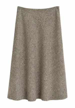 Wool blend gray skirt with an A-line silhouette, featuring a textured surface and a smooth waistband. No visible fastenings or lining.
