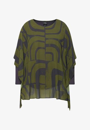 Průhledný zelený top s geometrickým vzorem v tmavě šedé barvě. Uvolněný střih, s lodním výstřihem a vrstvenými rukávy. Lehká a strukturovaná látka.