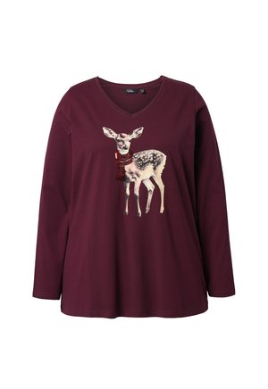 Maroon long-sleeve shirt with a V-neck features a deer graphic adorned with red sequins around its neck and a spotted body design.
