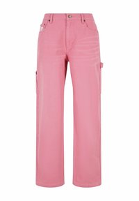 Pantalones cargo rosas con un diseño de pierna recta, que incluyen bolsillos delanteros, un cierre de botón y cremallera, y detalles de bolsillo lateral.