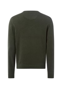 Ciemnozielony sweter z długimi rękawami, okrągłym dekoltem i prążkowanymi mankietami. Wykonany z miękkiej tkaniny o gładkiej fakturze. Prosty, nieozdobiony design.