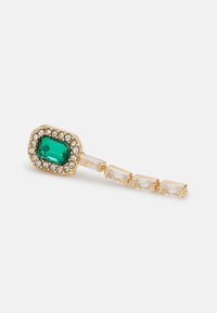 Gold hairpin featuring an emerald green stone surrounded by clear rhinestones, with a linear design of alternating rectangular accents.