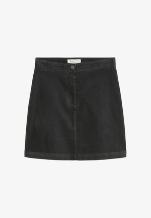 Fekete kordbársony szoknya elöl gombos záródással, A-vonalú fazonnal és finom textúrával. Az alja egyenes, varrási részletekkel van ellátva.