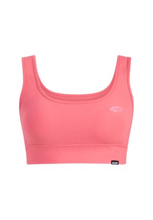Soutien-gorge de sport rose en matériau extensible. Il a un col rond, de larges bretelles et un petit logo sur la partie gauche de la poitrine.
