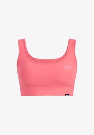 Soutien-gorge de sport rose en matériau extensible. Il a un col rond, de larges bretelles et un petit logo sur la partie gauche de la poitrine.
