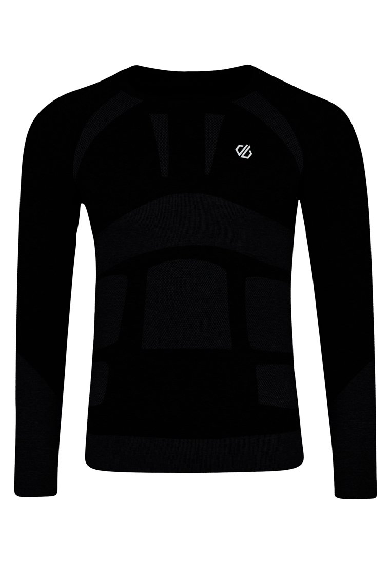 Schwarzes Langarmoberteil mit einem taillierten Design, strukturierten Einsätzen und einem Logo auf der Brust. Hergestellt aus dehnbarem Material für Komfort und Beweglichkeit.