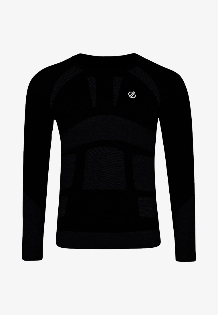Schwarzes Langarmoberteil mit einem taillierten Design, strukturierten Einsätzen und einem Logo auf der Brust. Hergestellt aus dehnbarem Material für Komfort und Beweglichkeit.