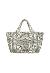 Duża torba typu tote w kremowym materiale z misternymi czarnymi wzorami paisley, dwoma solidnymi uchwytami i szerokim, otwartym wierzchem dla łatwego dostępu.