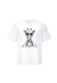 T-shirt bianco con una grafica di una giraffa che indossa grandi occhiali da sole e gioielli, dettagliata con linee nere e texture.