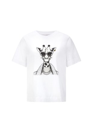 White t-shirt featuring a graphic of a giraffe wearing large sunglasses and jewelry, detailed with black lines and textures.