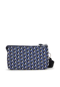 Borsa con zip in tessuto blu navy, con un motivo geometrico di esagoni blu, neri e bianchi. Include un accento con pompon nero.