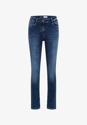 Jeans in denim blu scuro con design a gamba dritta, cinque tasche, passanti per cintura e chiusura frontale con bottone. Tessuto morbido con sfumature sottili.