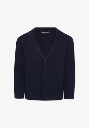 Cardigan lavorato a maglia blu marina con colletto a scialle, cinque bottoni e due tasche frontali. Il tessuto ha una consistenza liscia e una vestibilità classica.