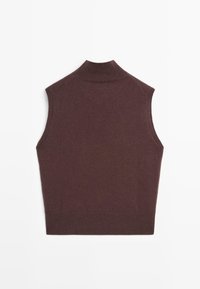 Top senza maniche e colletto alto in misto lana marrone scuro, caratterizzato da un design aderente e una trama a coste al collo e all'orlo.