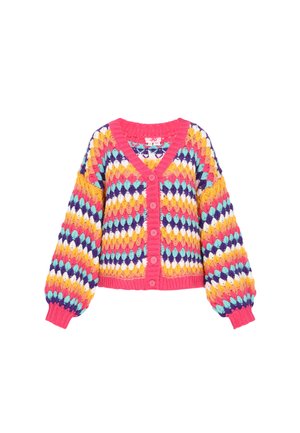 Mehrfarbige Strickjacke mit einem Rautenmuster, pinkem geripptem Kragen und Bündchen sowie großen Knöpfen. Besitzt voluminöse Ärmel.