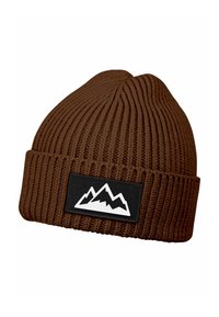 Brown knitted beanie with ribbed texture, featuring a black patch showing white mountain silhouette. Shaped to fit snugly on the head.