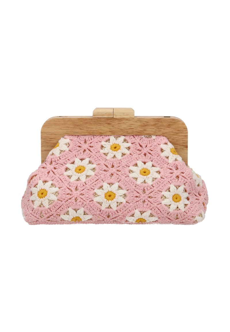 Horgolt rózsaszín kis kézitáska fehér margarétákkal és sárga középpel. Fa keretes zárral. Texturált kötött mintával, virágos kialakítással.