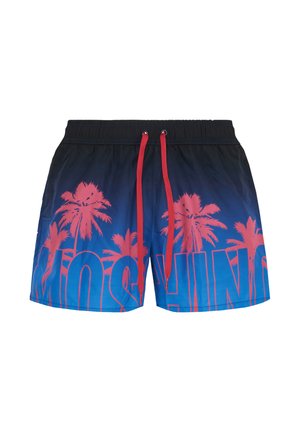 Marineblauwe en blauwe zwemshort met rood palmboomprint, rode trekkoord en grote gestileerde tekst aan de voorkant.
