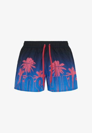 Costume da bagno blu navy e blu con stampa rossa di palma, coulisse rossa e grande testo stilizzato frontale.