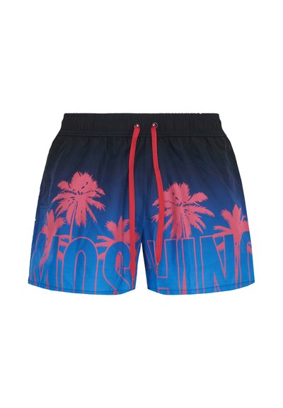 Navy and blue swim shorts with red palm tree print, red drawstring, and large stylized text on the front.