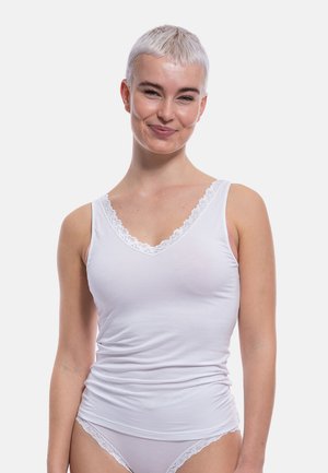 White tank top with a V-neck and lace trim. Made of soft, stretch fabric, featuring a fitted design and smooth texture.
