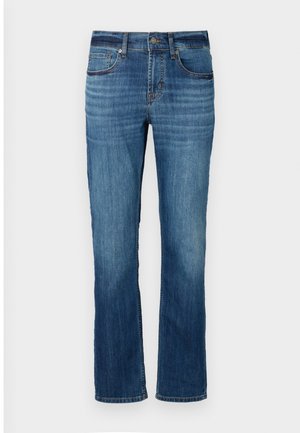 Blue denim jeans with a straight leg design, featuring five pockets, light fading, and copper stitching. Finished with a standard waistband.