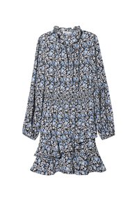 Robe florale noire avec des fleurs bleues et blanches, manches longues, ourlet volanté et encolure froncée, confectionnée en tissu léger.