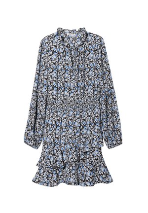 Zwarte bloemenjurk met blauwe en witte bloemen, lange mouwen, gerimpelde zoom en verzamelde halslijn, gemaakt van lichte stof.