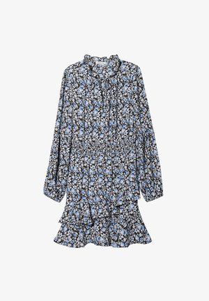 Zwarte bloemenjurk met blauwe en witte bloemen, lange mouwen, gerimpelde zoom en verzamelde halslijn, gemaakt van lichte stof.