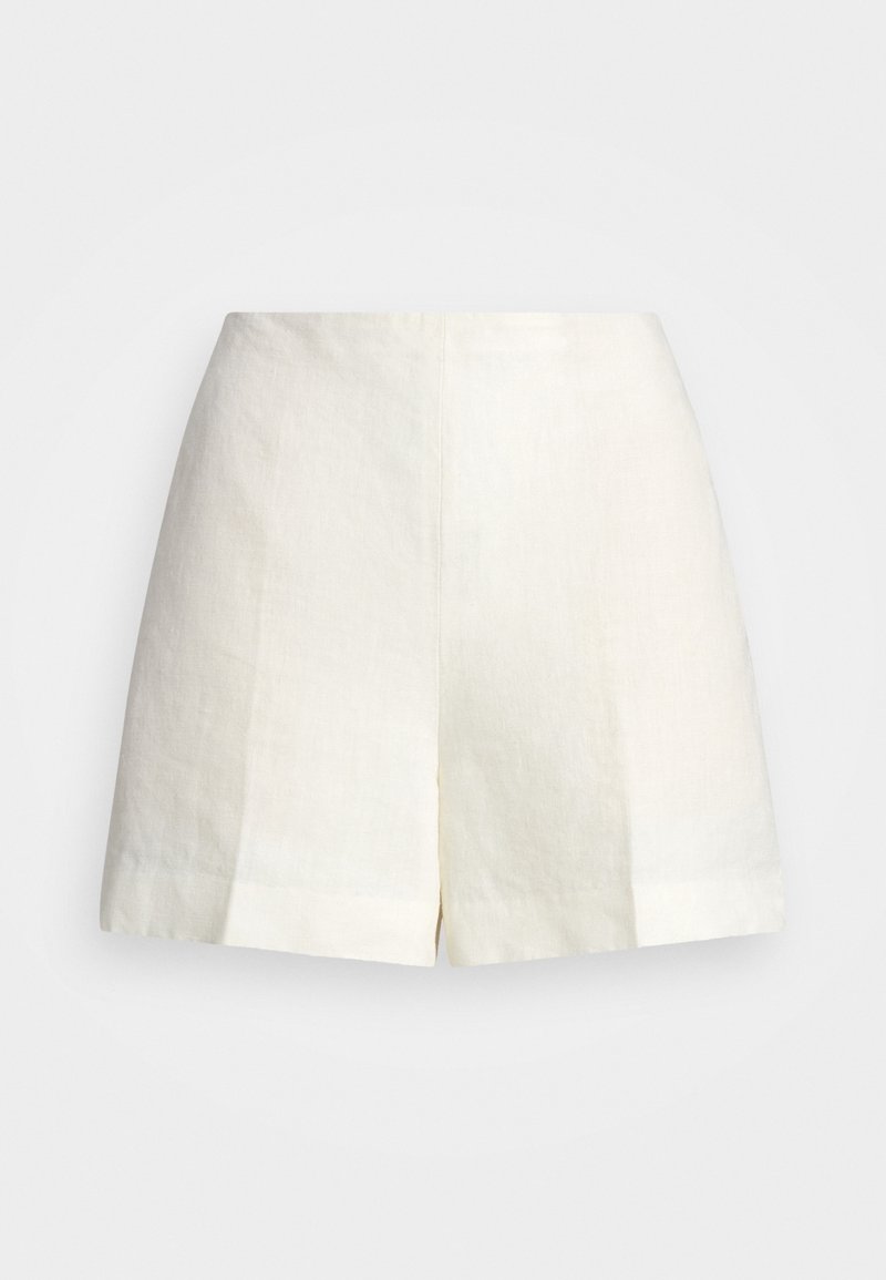 Short en lin blanc taille haute avec une coupe ajustée et une couture centrale devant, présenté sur un fond blanc uni.