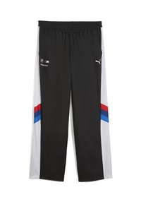 Sorte athletic bukser med et bred ben-design, der har hvide sideløsninger samt røde og blå striber. Elastisk talje for justerbar pasform.